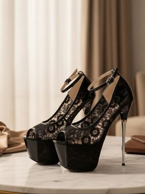 Getmorebeauty 6.25" Black Lace Metallic Platform Stilettos – Size 37 (6.5/7 US)